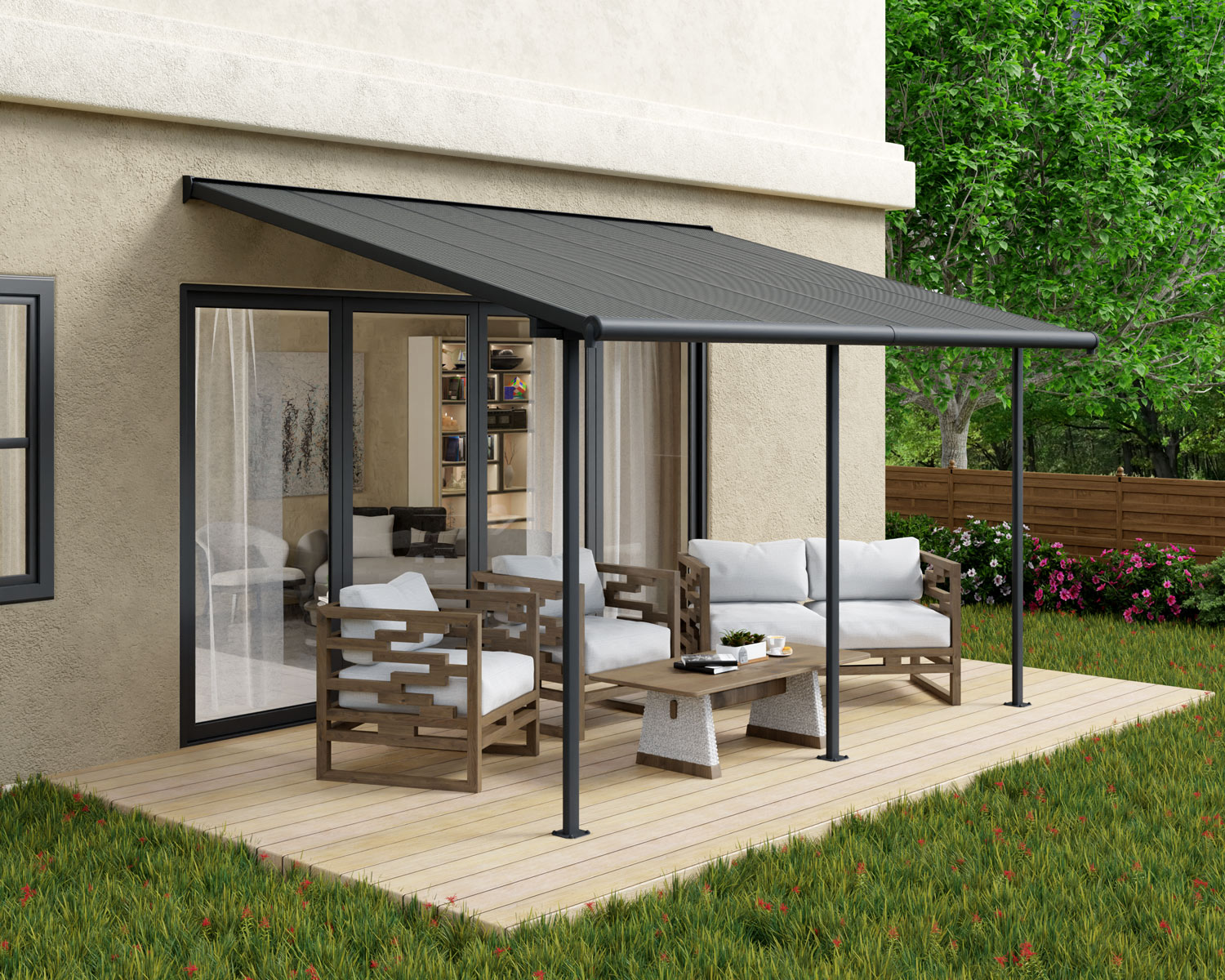 Sierra 10 ft. x 14 ft. Patio Cover With 3 Posts grey Aluminium Patio Cover With grey twin-wall polycarbonate roof panels on Deck