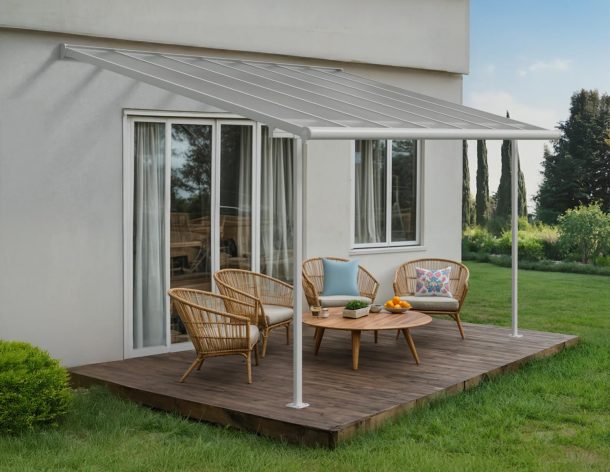 Sierra 10 ft. x 14 ft. Patio Cover white Aluminium Patio Cover With 3 Posts, Clear twin-wall polycarbonate roof panels on Deck