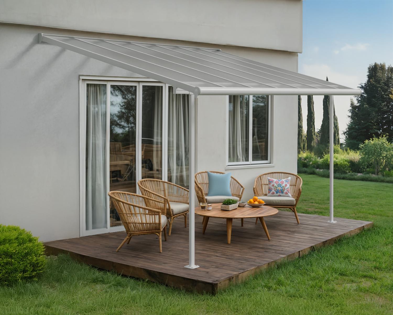 Sierra 10 ft. x 14 ft. Patio Cover white Aluminium Patio Cover With 3 Posts, Clear twin-wall polycarbonate roof panels on Deck