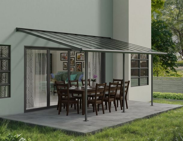 Sierra 10 ft. x 18 ft. Patio Cover grey Aluminium Patio Cover With Clear twin-wall polycarbonate roof panels on Deck