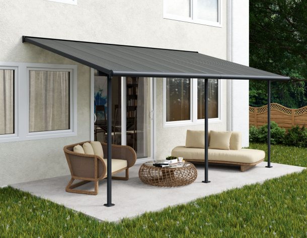 Sierra 10 ft. x 18 ft. Patio Cover With 3 Posts grey Aluminium Patio Cover With grey twin-wall polycarbonate roof panels on Deck