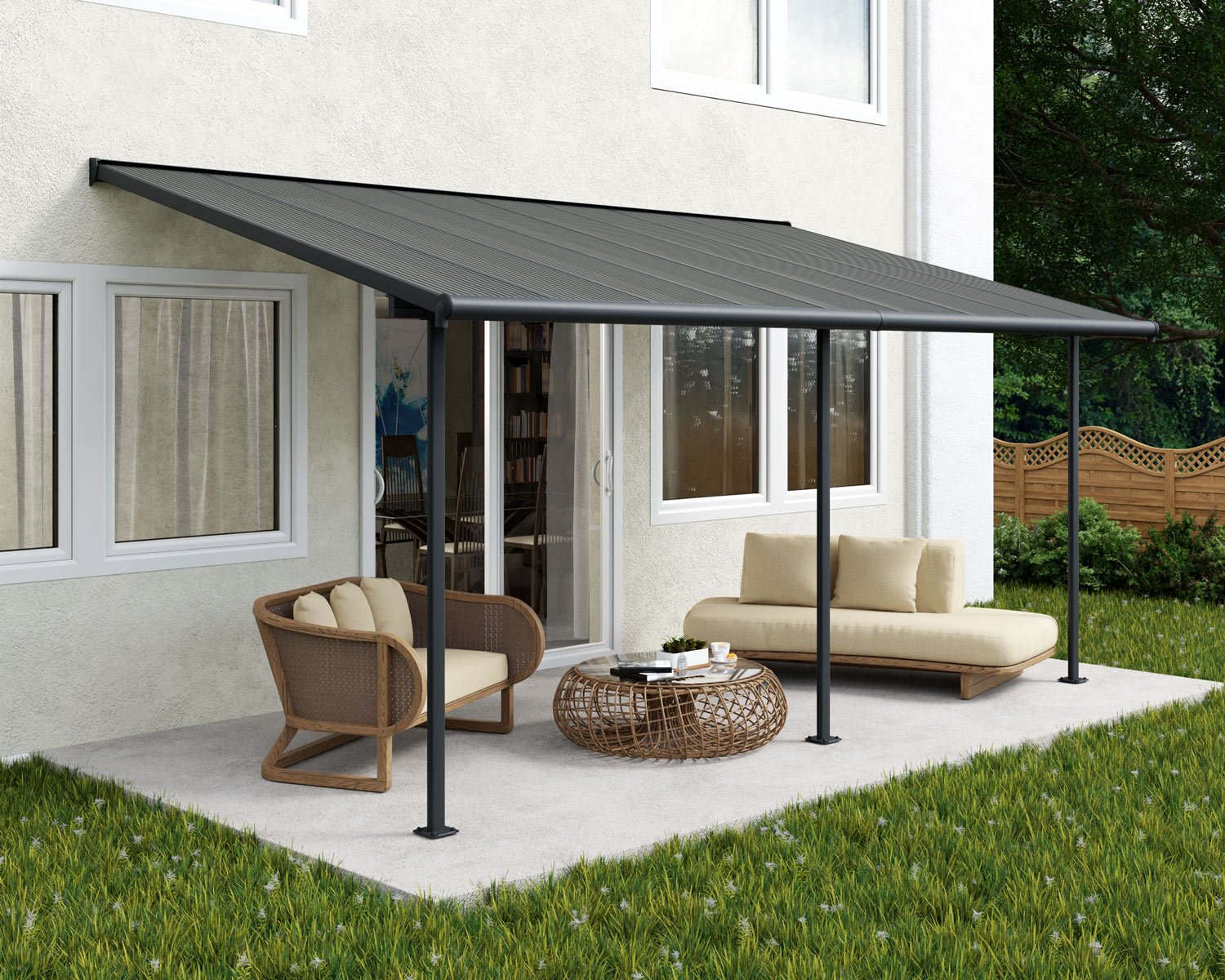 Sierra 10 ft. x 18 ft. Patio Cover With 3 Posts grey Aluminium Patio Cover With grey twin-wall polycarbonate roof panels on Deck