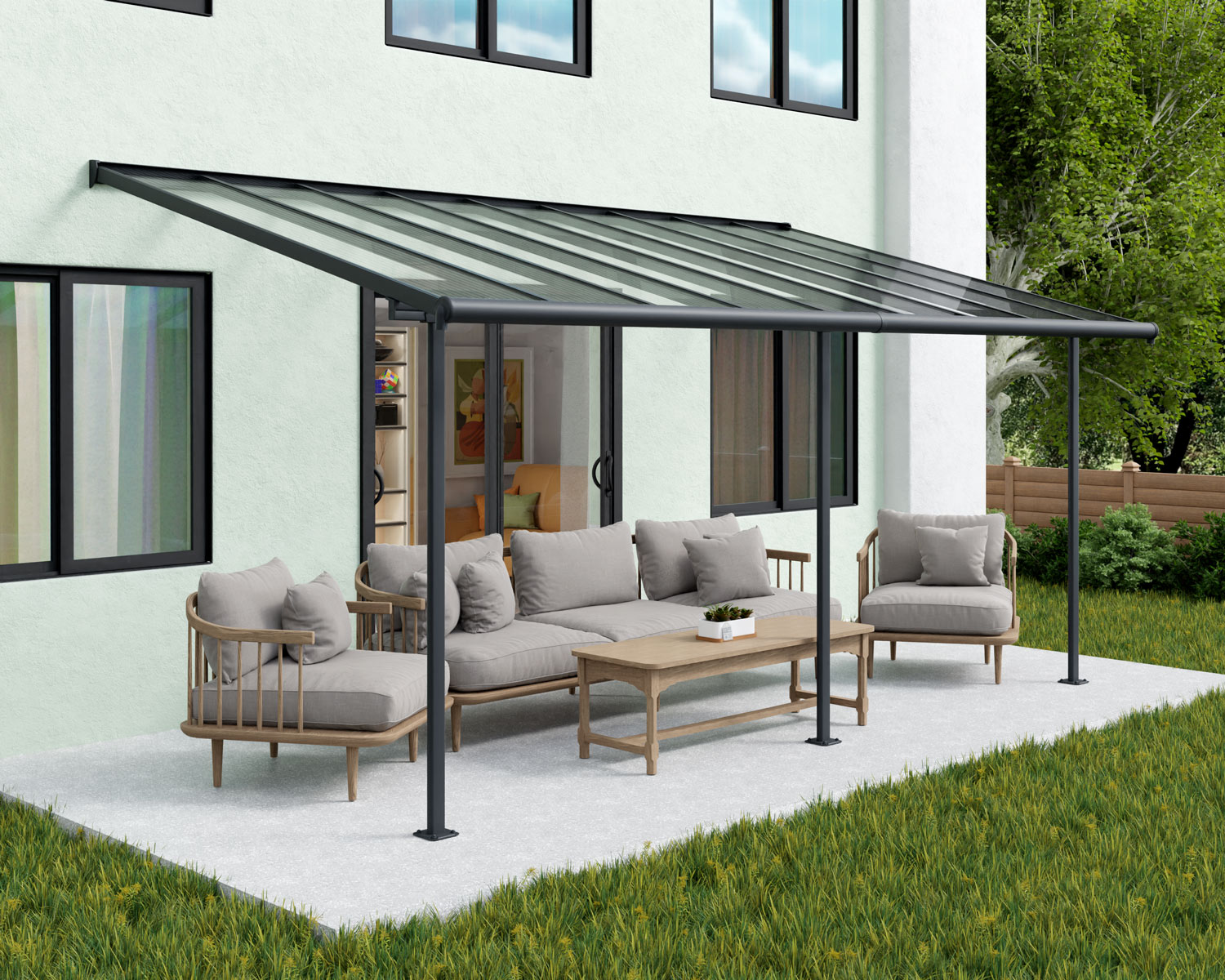 Sierra 10 ft. x 20 ft. Patio Cover grey Aluminium Patio Cover With Clear twin-wall polycarbonate roof panels on Deck