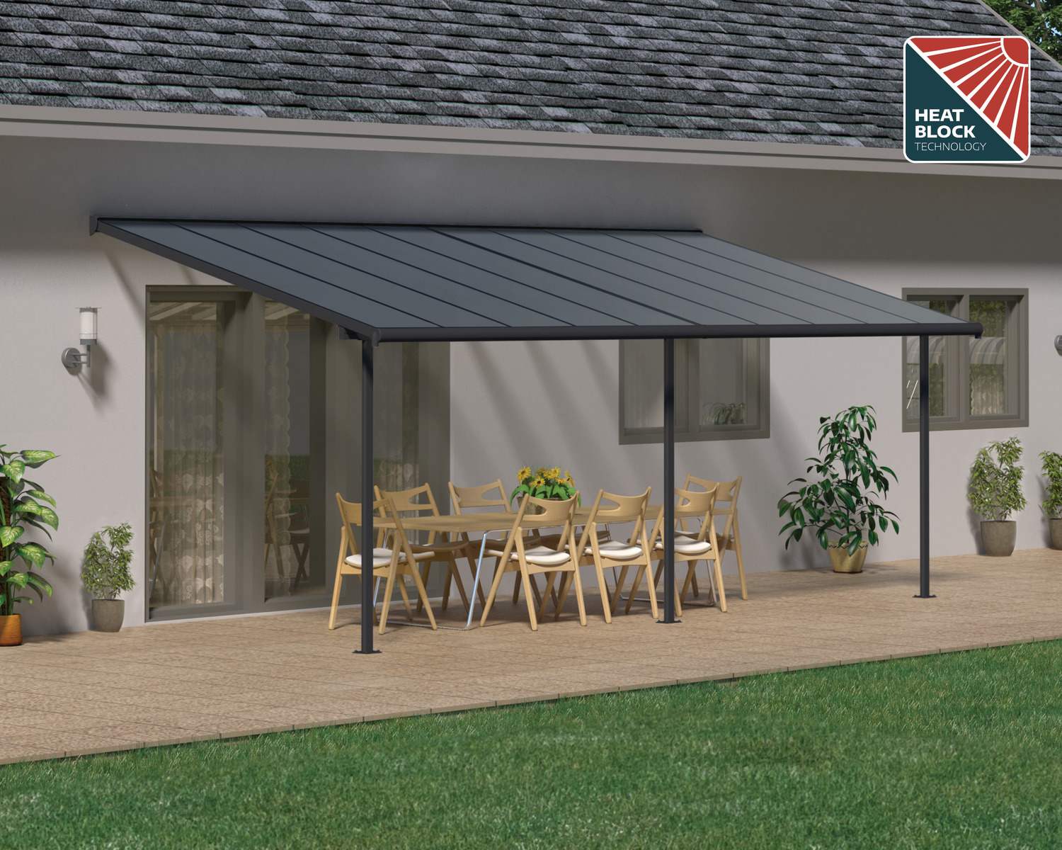 Capri 10 ft. x 20 ft. Grey Aluminium Patio Cover with 3 Posts Attached to House that Covers Patio Outdoor Furniture.
