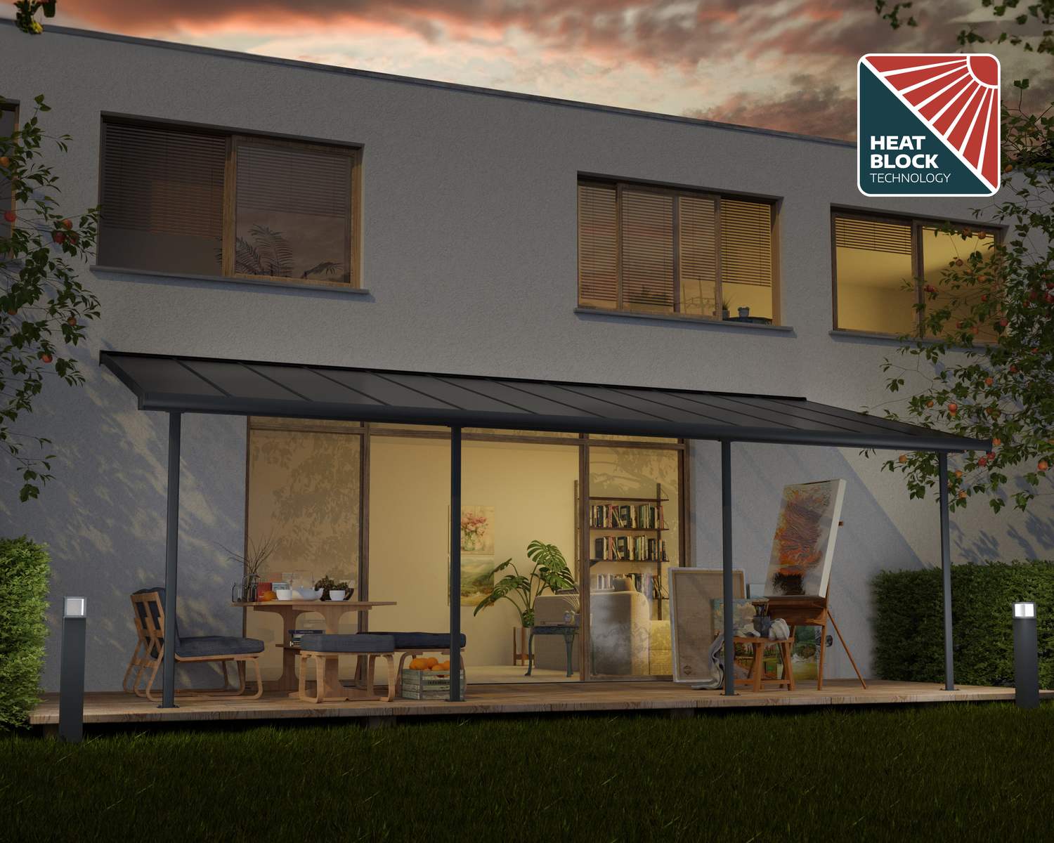 Capri 10 ft. x 24 ft. Grey Aluminium Patio Cover with 4 Posts Attached to House that Covers Patio Outdoor Furniture.