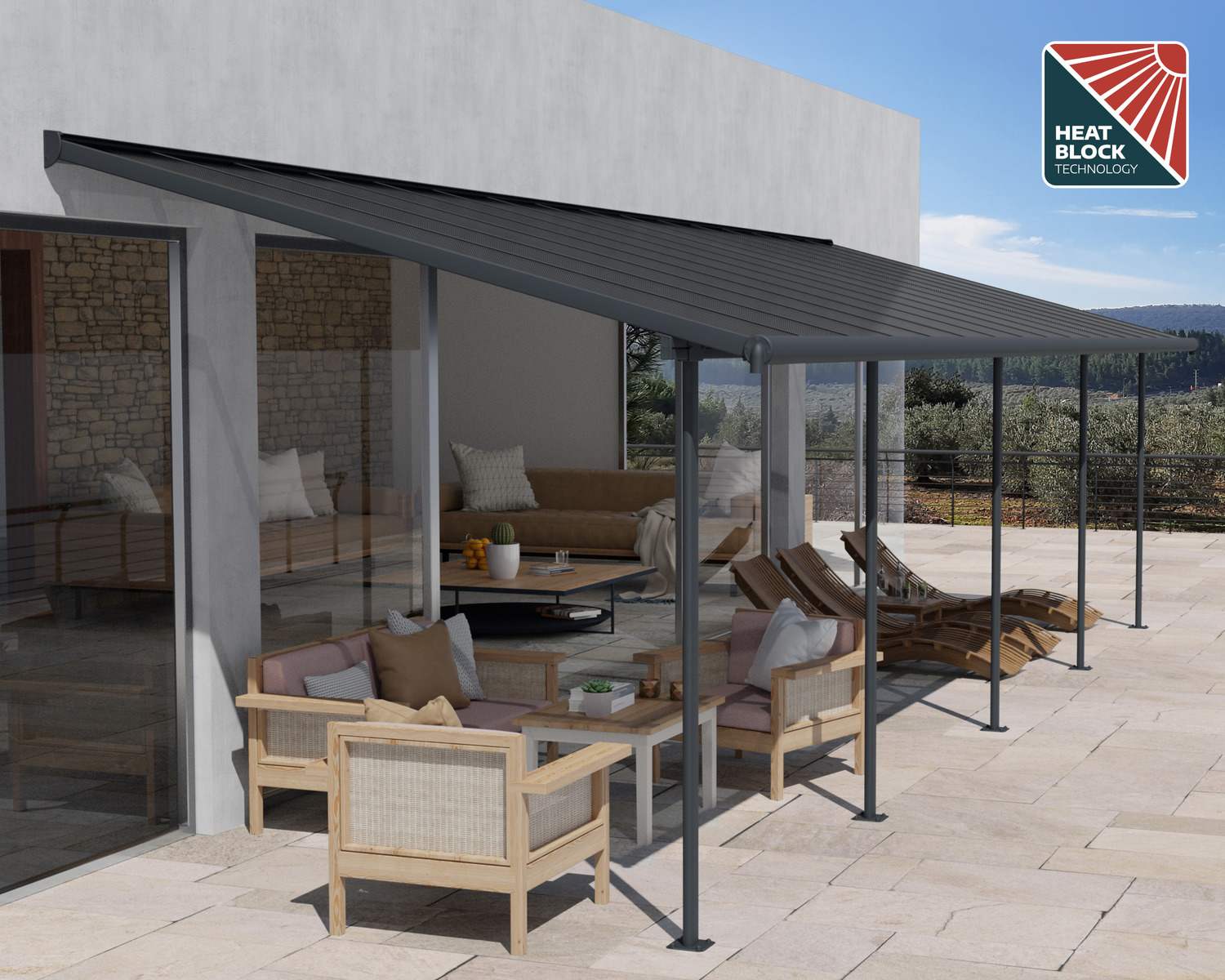 Capri 10 ft. x 28 ft. Grey Aluminium Patio Cover with 5 Posts Attached to House that Covers Patio Outdoor Furniture.