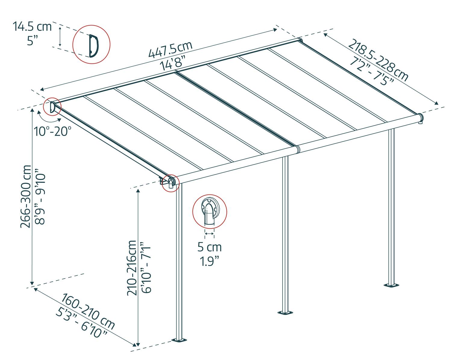Sierra 10 ft. x 15 ft. Aluminium Patio Cover with 2 Posts and Polycarbonate Roof Panels sketch