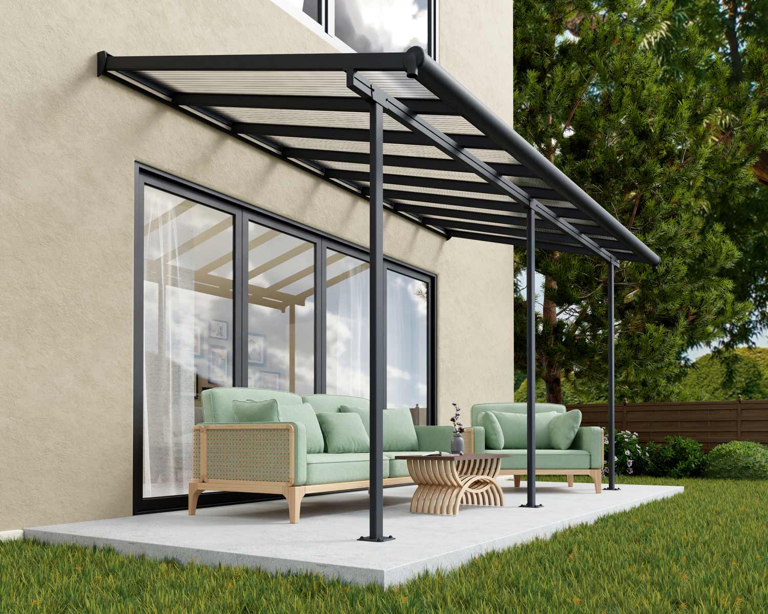 sierra 10 ft. x 15 ft. grey Aluminium Patio Cover with 2 Posts and clear Polycarbonate Roof Panels Attached to House that Covers Patio Outdoor Furniture