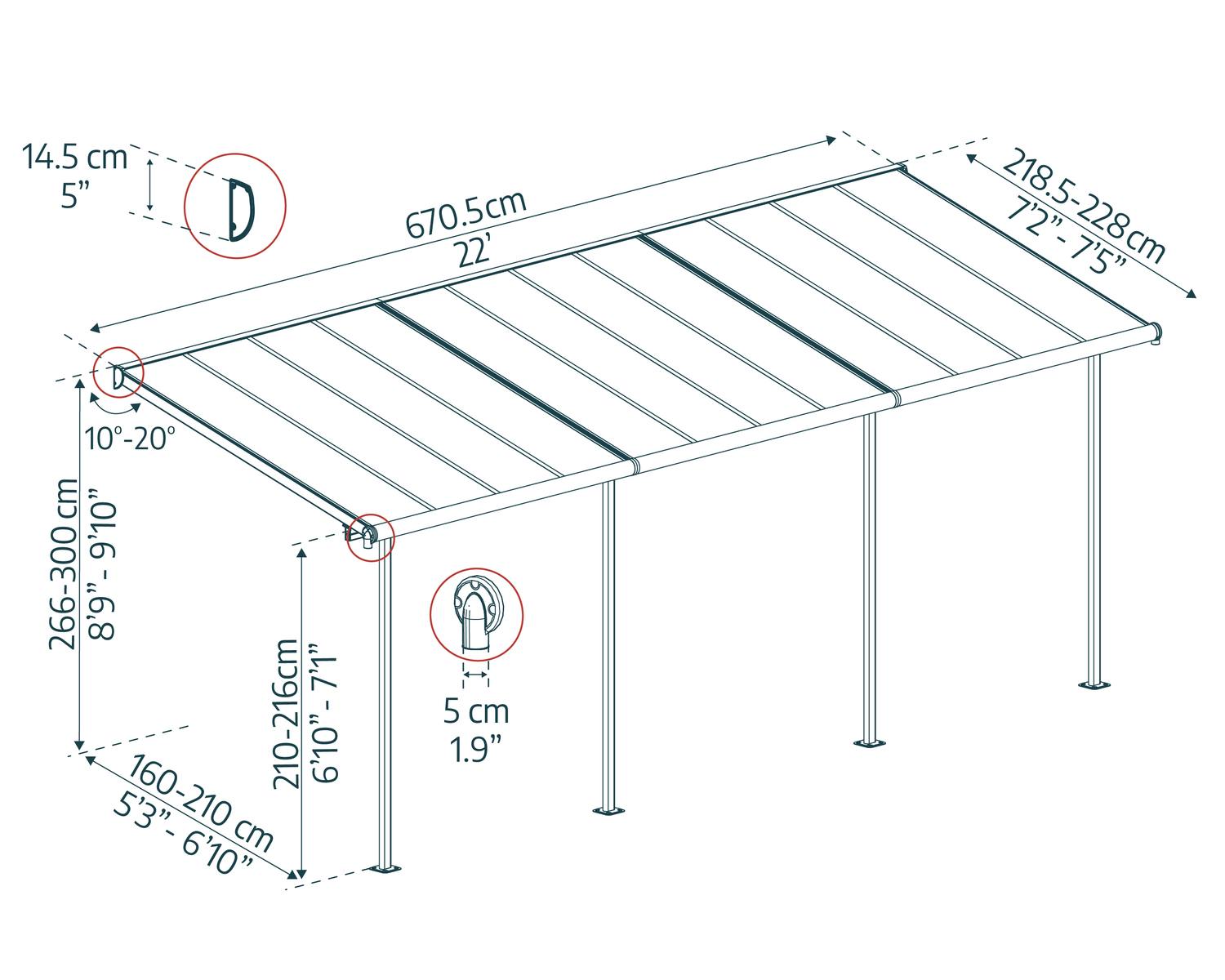 Sierra 10 ft. x 22 ft. Aluminium Patio Cover with 2 Posts and Polycarbonate Roof Panels sketch
