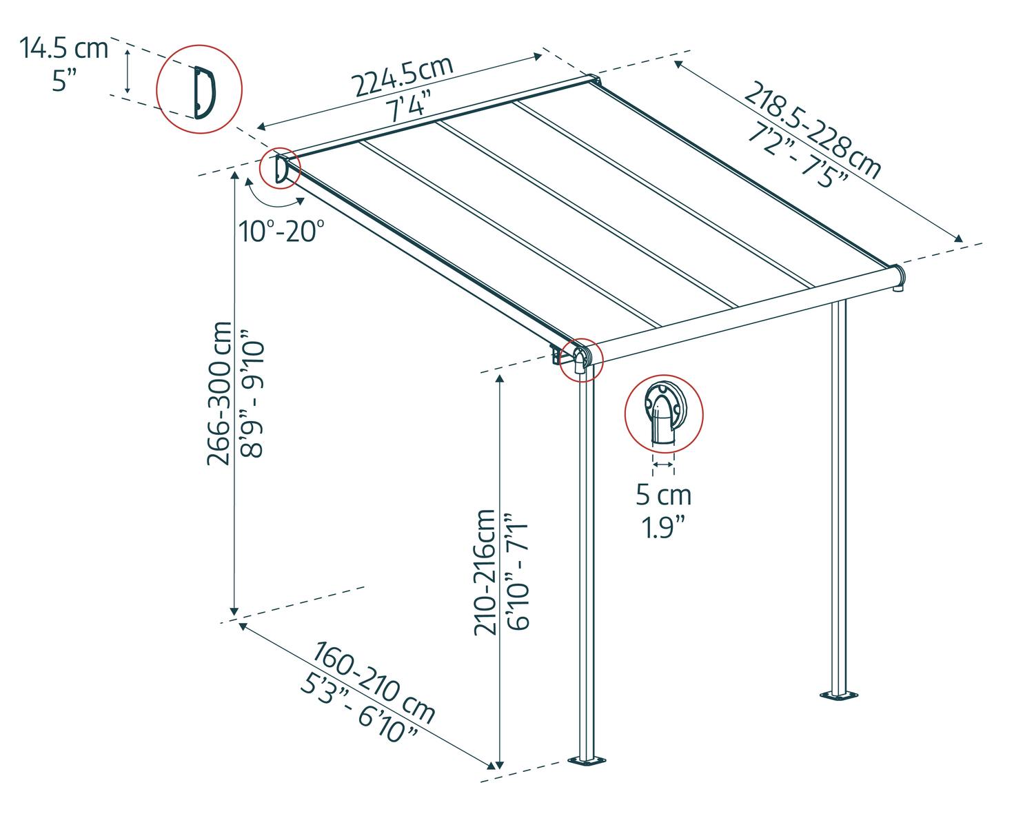 sierra 10 ft. x 10 ft. Aluminium Patio Cover with 2 Posts and Polycarbonate Roof Panels sketch