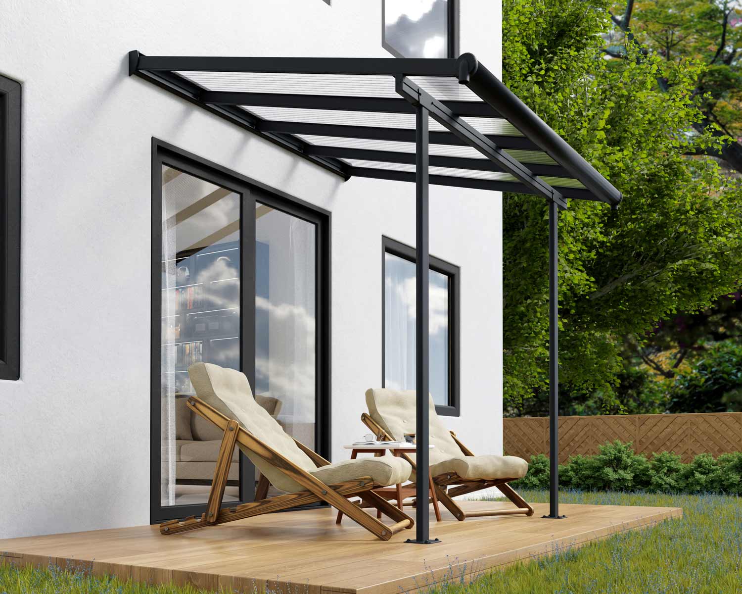 sierra 10 ft. x 10 ft. grey Aluminium Patio Cover with 2 Posts and clear Polycarbonate Roof Panels Attached to House that Covers Patio Outdoor Furniture