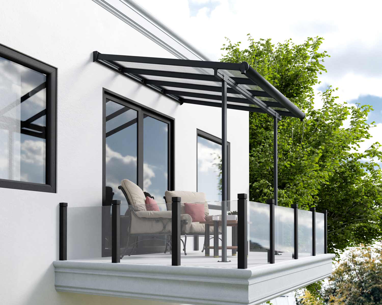 sierra 10 ft. x 10 ft. grey Aluminium Patio Cover with 2 Posts and clear Polycarbonate Roof Panels Attached to House that Covers Patio Outdoor Furniture