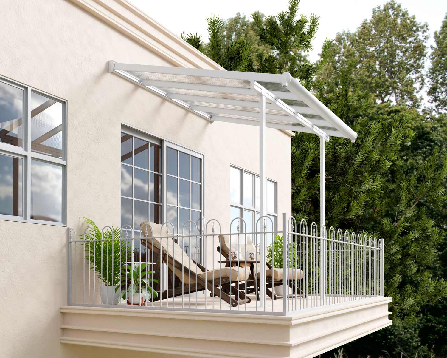 sierra 10 ft. x 10 ft. White Aluminium Patio Cover with 2 Posts and clear Polycarbonate Roof Panels Attached to House that Covers Patio Outdoor Furniture