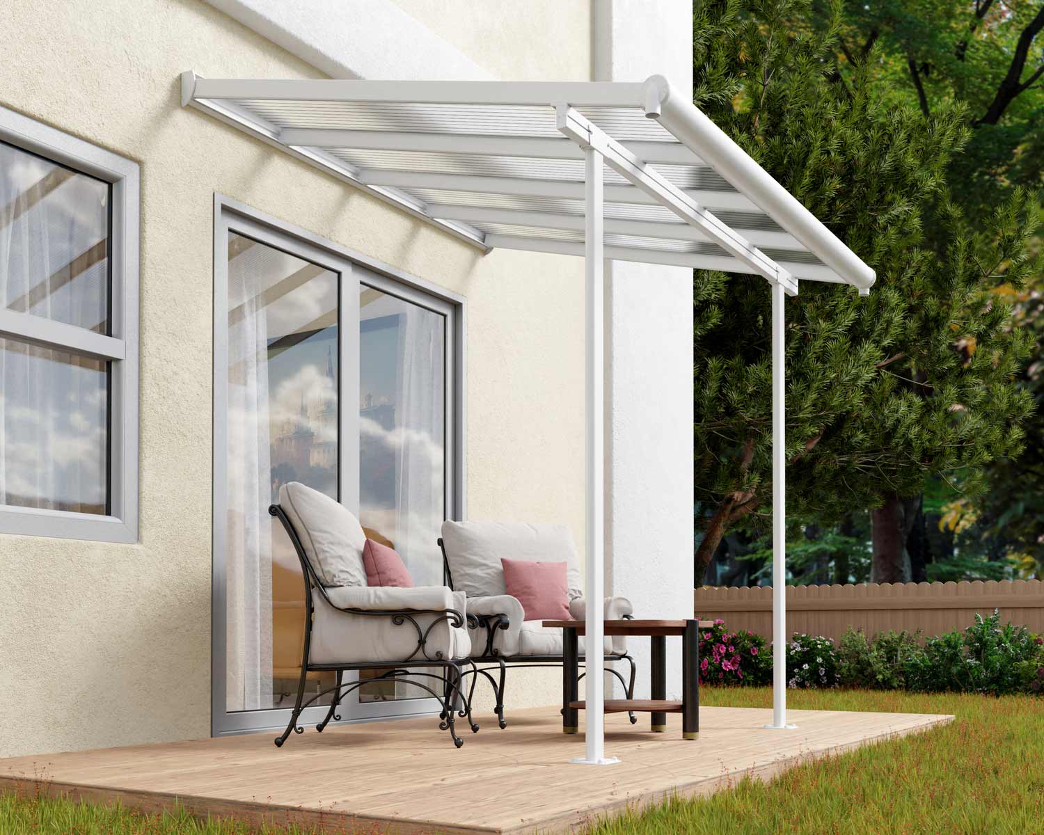 sierra 10 ft. x 10 ft. White Aluminium Patio Cover with 2 Posts and clear Polycarbonate Roof Panels Attached to House that Covers Patio Outdoor Furniture