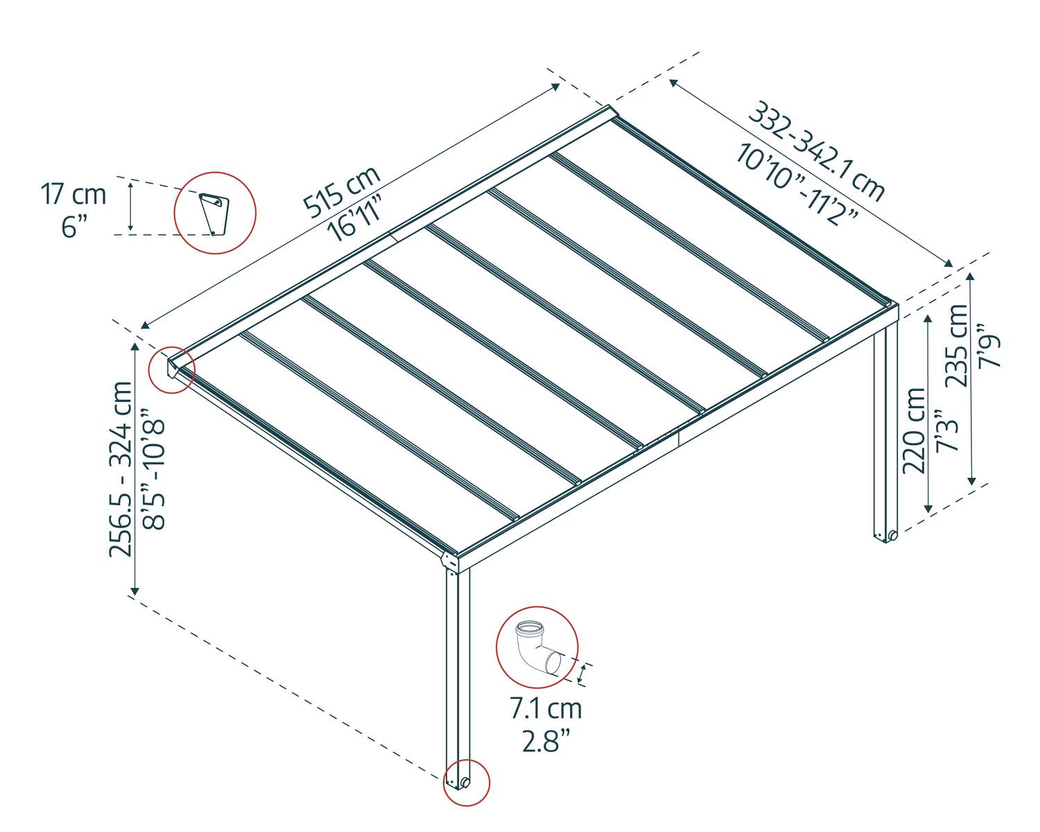 Stockholm 11 ft. x 17 ft. Aluminium Patio Cover With twin-wall polycarbonate roof panels sketch