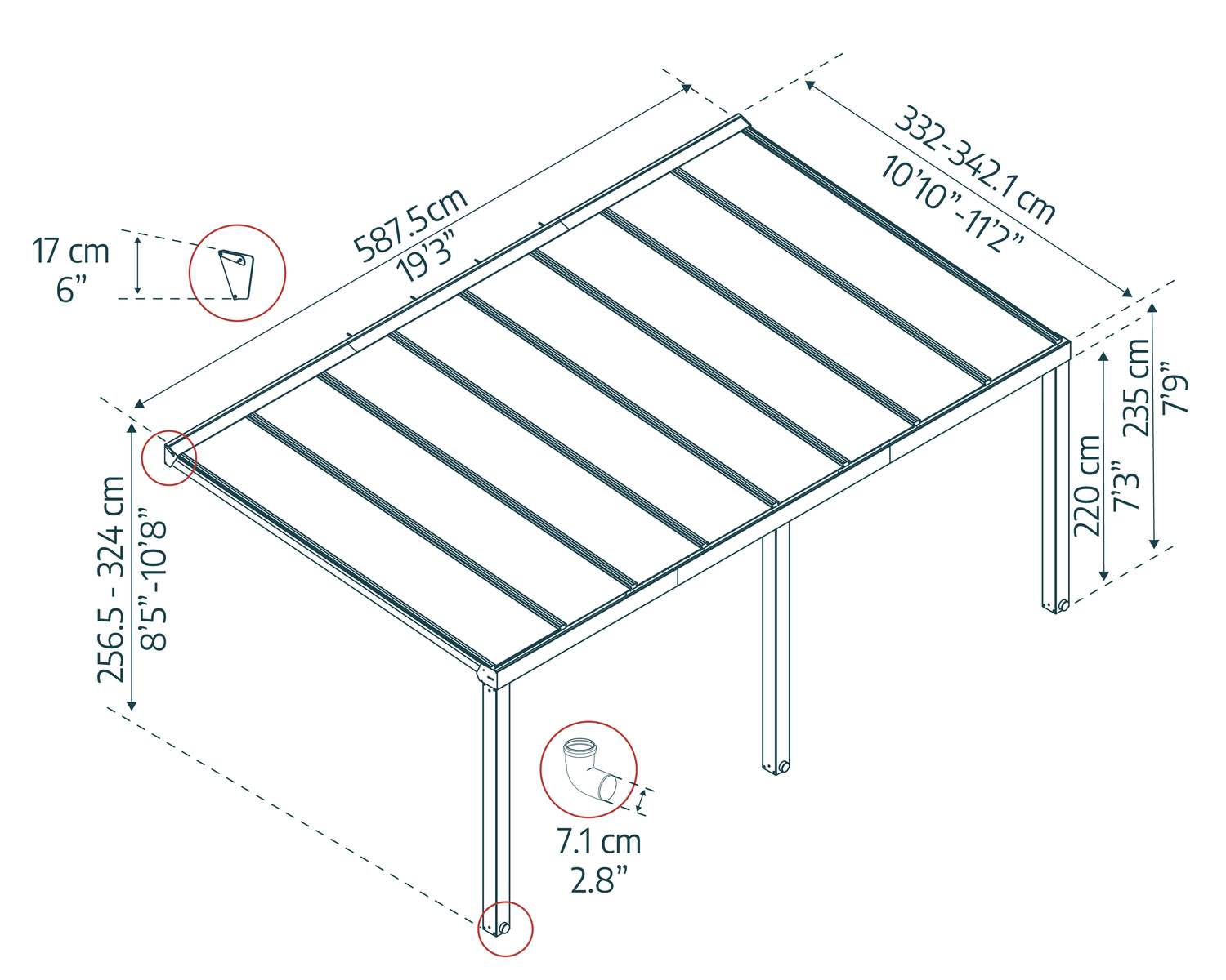Stockholm 11 ft. x 19 ft Aluminium Patio Cover With twin-wall polycarbonate roof panels sketch