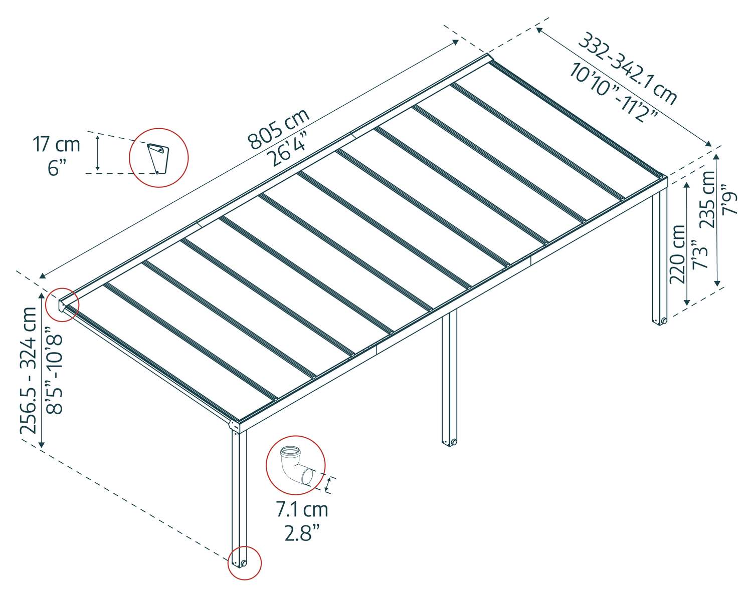 Stockholm 11 ft. x 26 ft Aluminium Patio Cover With twin-wall polycarbonate roof panels sketch