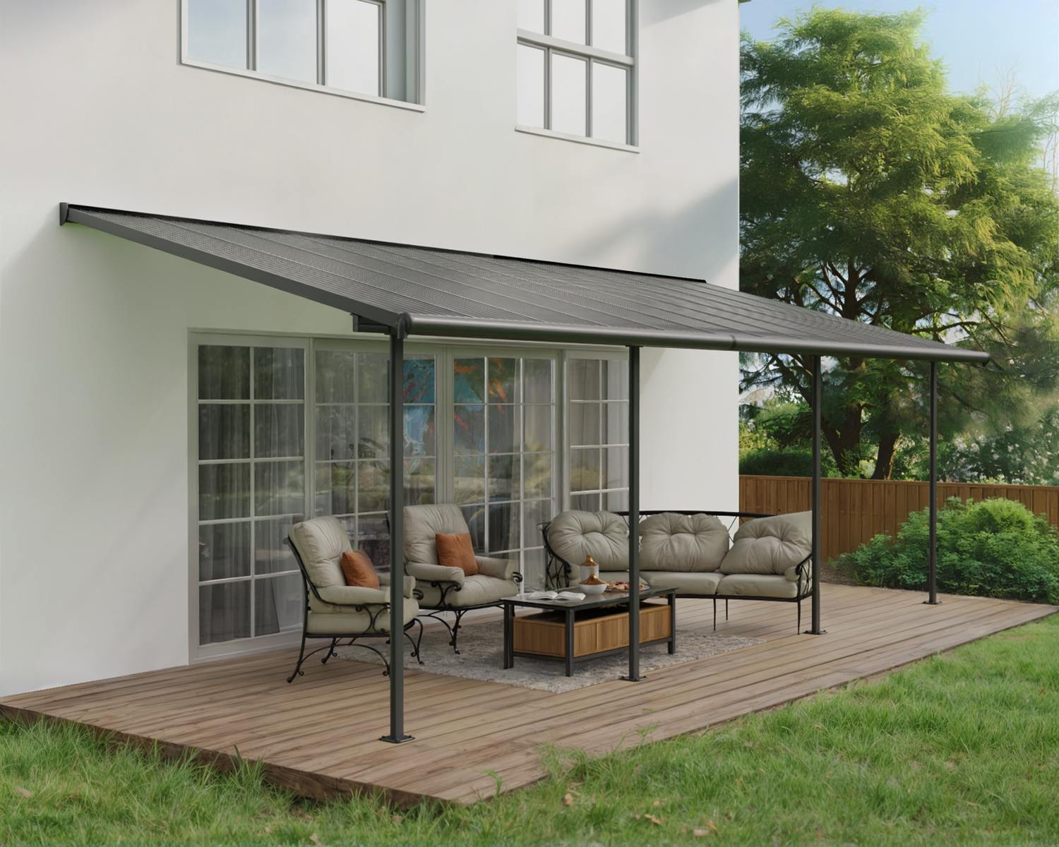 Sierra 10 ft. x 24 ft. Patio Cover With 4 Posts grey Aluminium Patio Cover With grey twin-wall polycarbonate roof panels on grey platform