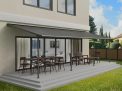 Sierra 10 ft. x 30 ft. Patio Cover With 5 Posts grey Aluminium Patio Cover With grey twin-wall polycarbonate roof panels on platform