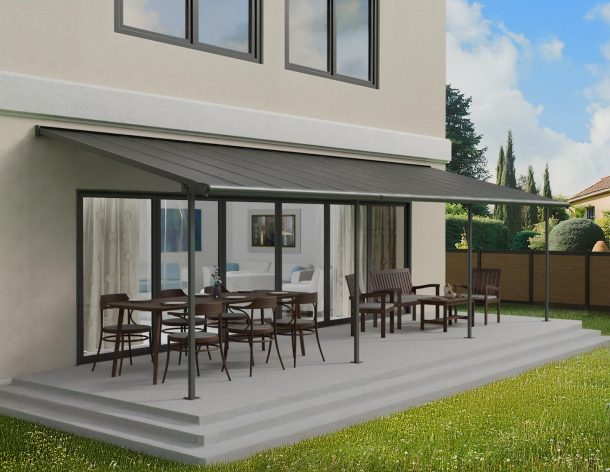 Sierra 10 ft. x 30 ft. Patio Cover With 5 Posts grey Aluminium Patio Cover With grey twin-wall polycarbonate roof panels on platform