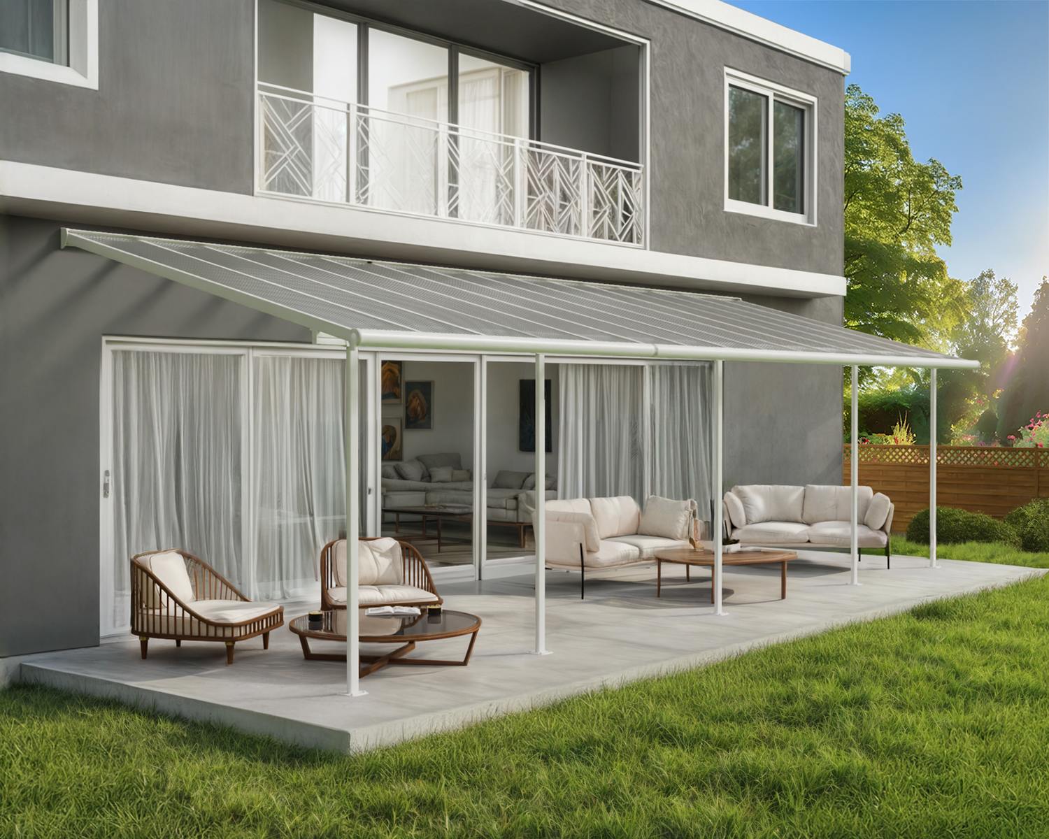 Sierra 10 ft. x 32 ft. White Aluminium Patio Cover With 5 Posts, Clear Twin-Wall Polycarbonate Roof Panels on platform