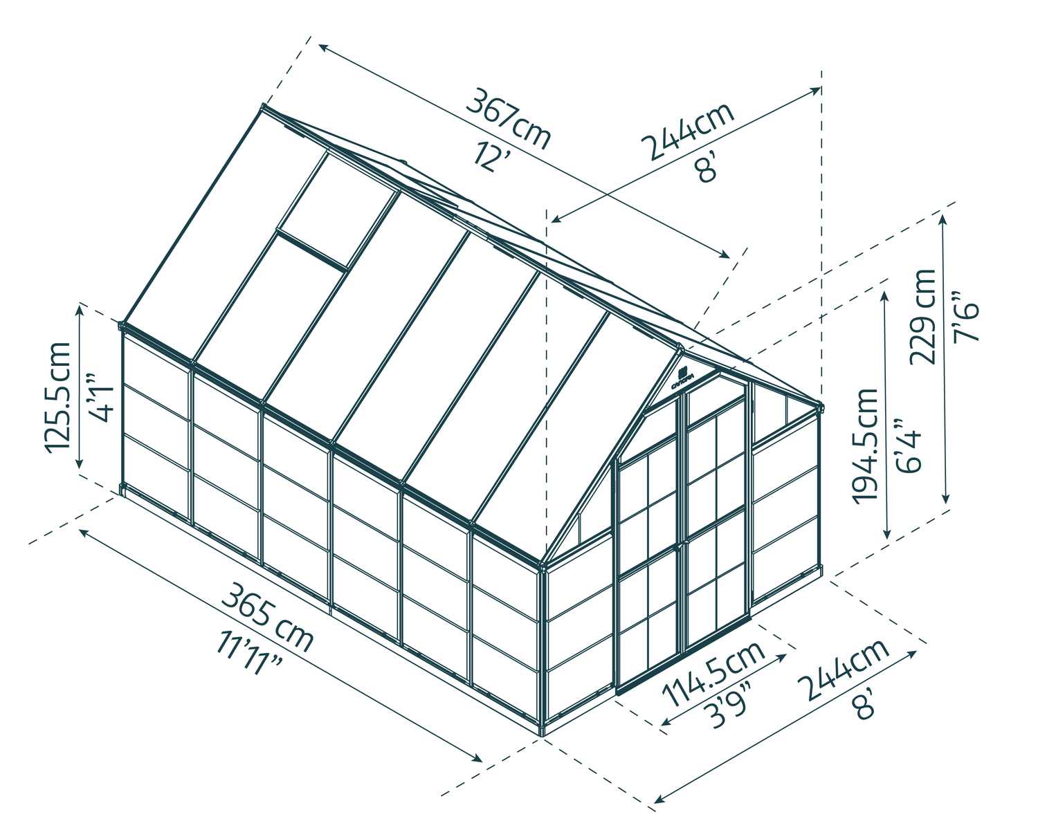 8ft x 12ft Balance greenhouse with polycarbonate panels and aluminium frame, surrounded by plants and a wheelbarrow sketch