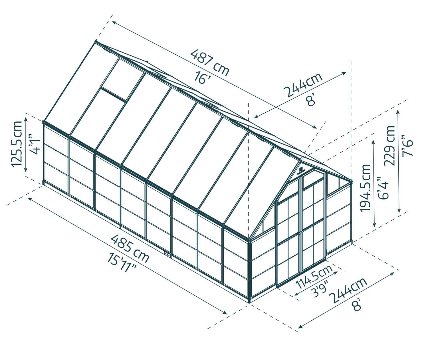8ft x 16ft Balance greenhouse with polycarbonate panels and aluminium frame, filled with plants in a lush garden sketch