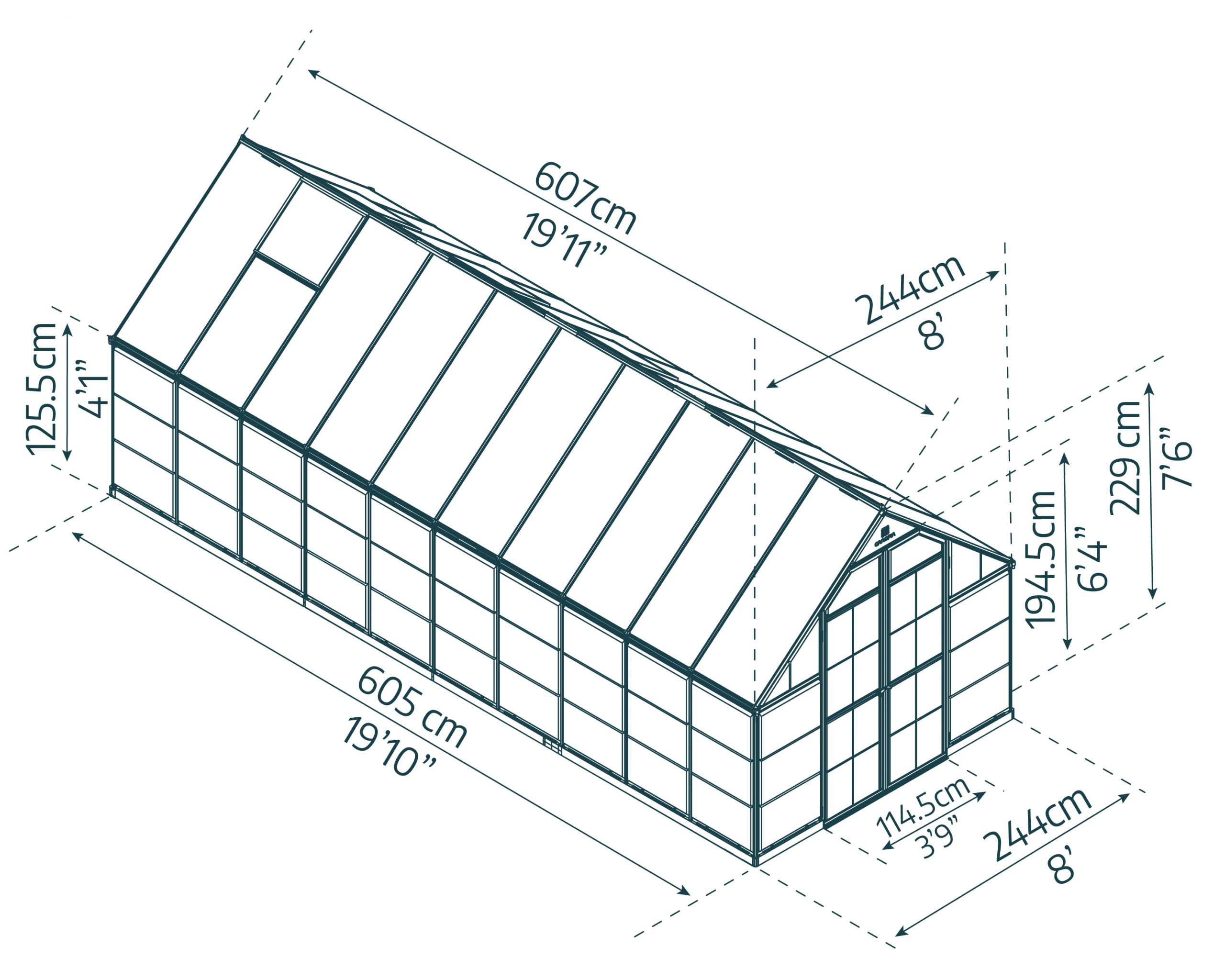 Balance 8ft x 20ft greenhouse with clear polycarbonate panels and aluminium frame, set in a sunlit garden full of plants sketch