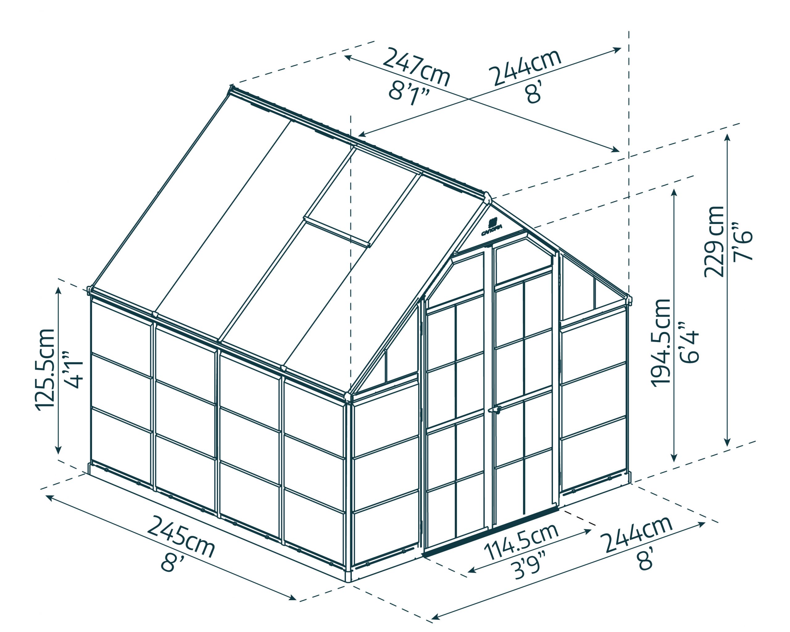 8ft x 8ft Balance greenhouse with polycarbonate panels and aluminium frame, brimming with plants, beside a white picket fence and shaded by a tree sketch