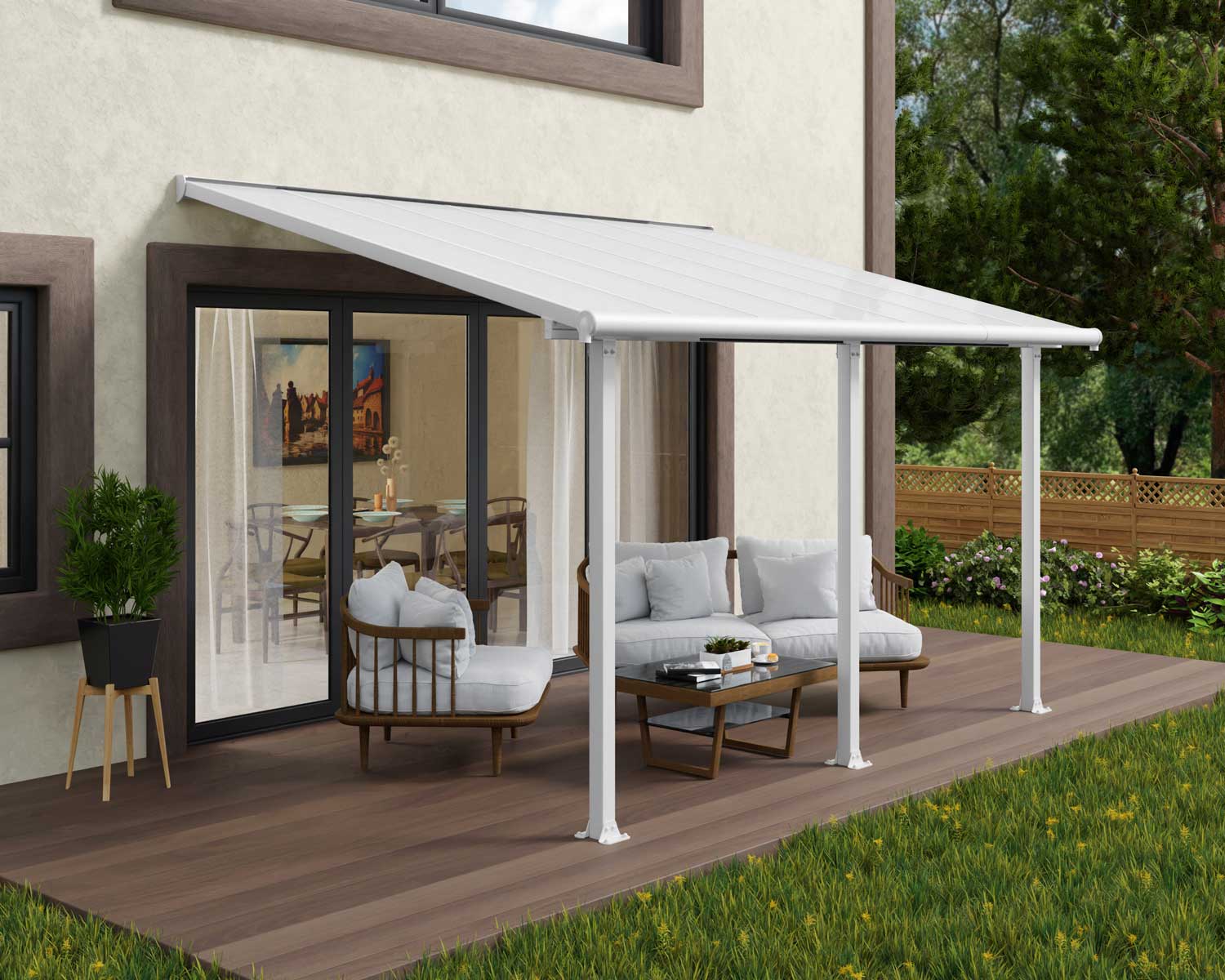 Olympia 10 ft. x 14 ft. White Aluminium Patio Cover with white twin-wall polycarbonate roof panels on grey Patio protect garden furniture
