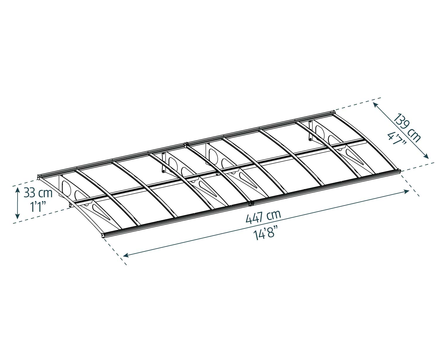 Bordeaux door awning 5 ft x 15 ft curved diffused panels sketch