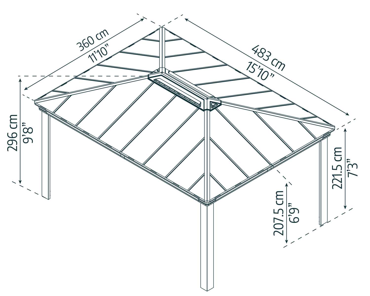 Dallas 12ft x 16ft Grey Twinwall Aluminum Gazebo with HeatBlock technology, featuring seating in a lush garden sketch
