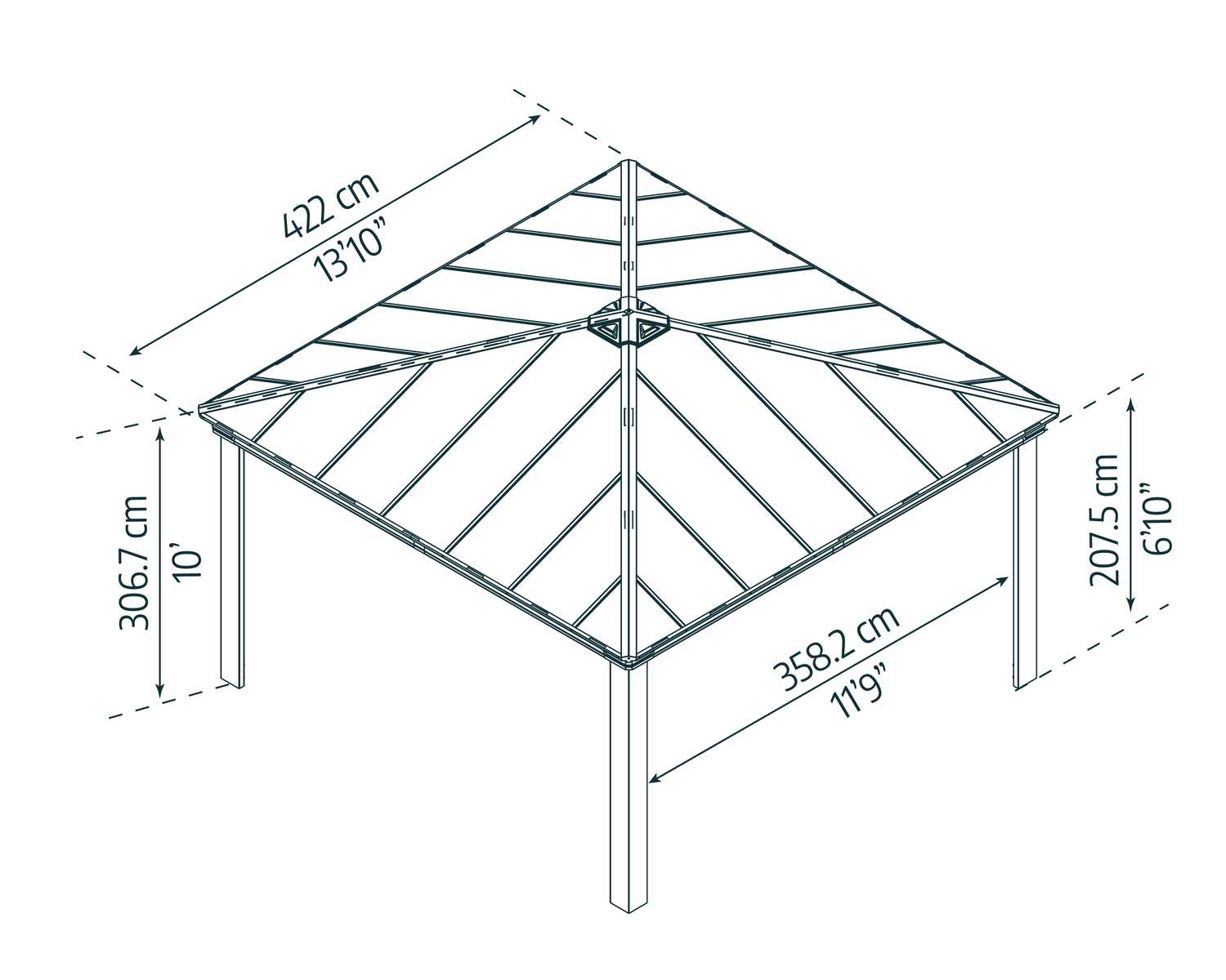 Dallas 14ft x 14ft grey twinwall aluminum gazebo with a sleek design, set in a lush green backyard with a pool Sketch