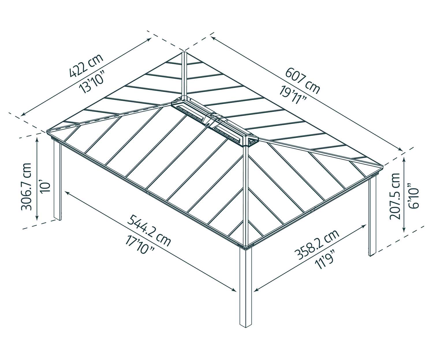 Dallas 14ft x 20ft grey twinwall aluminum gazebo, surrounded by lavender, with HEAT BLOCK technology sketch