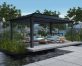 garden gazebo with polycarbonate roof panels on a concrete patio with garden furniture