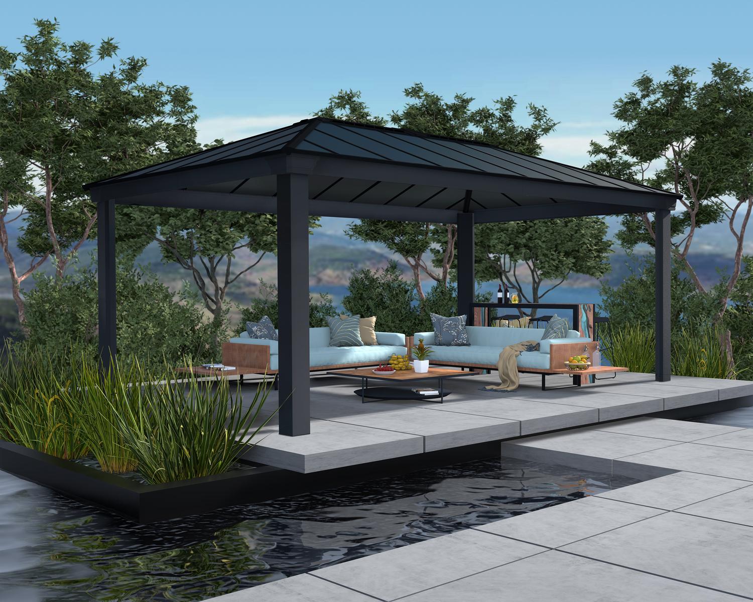 Dallas 12ft x 20ft Grey Twinwall Aluminum Gazebo with HeatBlock technology, featuring a sleek design and outdoor protection