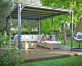 Milano 10 ft x 14 ft flat roof gazebo shades a mother and daughter sitting on their patio furniture