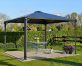 Palermo 12&#039;x12&#039; Garden gazebo grey aluminum with polycarbonate roof panels on a patio with garden dining furniture