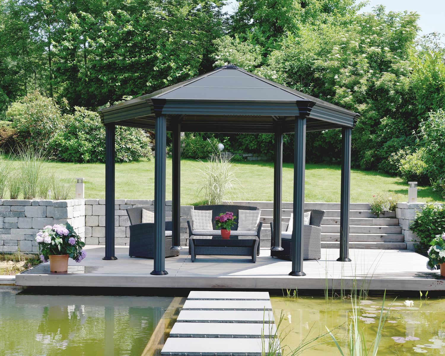 Roma 12ft x 14ft grey aluminum gazebo with a stylish design and durable frame, ideal for enhancing any outdoor space