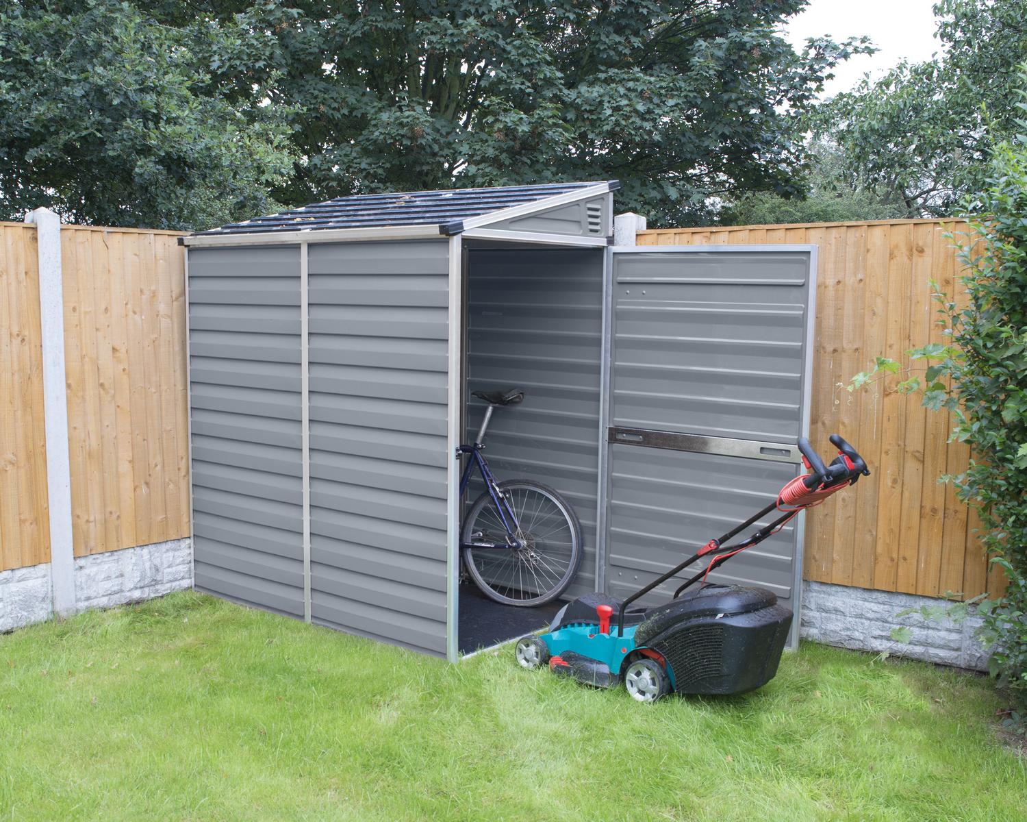 Plastic Garden Shed Pent 4 ft. x 6 ft. An open-door shed with gray polycarbonate panels and an aluminum frame is used to store a Lawn Mower and bike