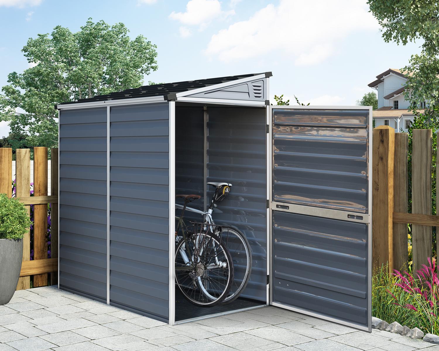 Plastic Garden Shed Pent 4 ft. x 6 ft. An open-door shed with gray polycarbonate panels and an aluminum frame is used to store a bike