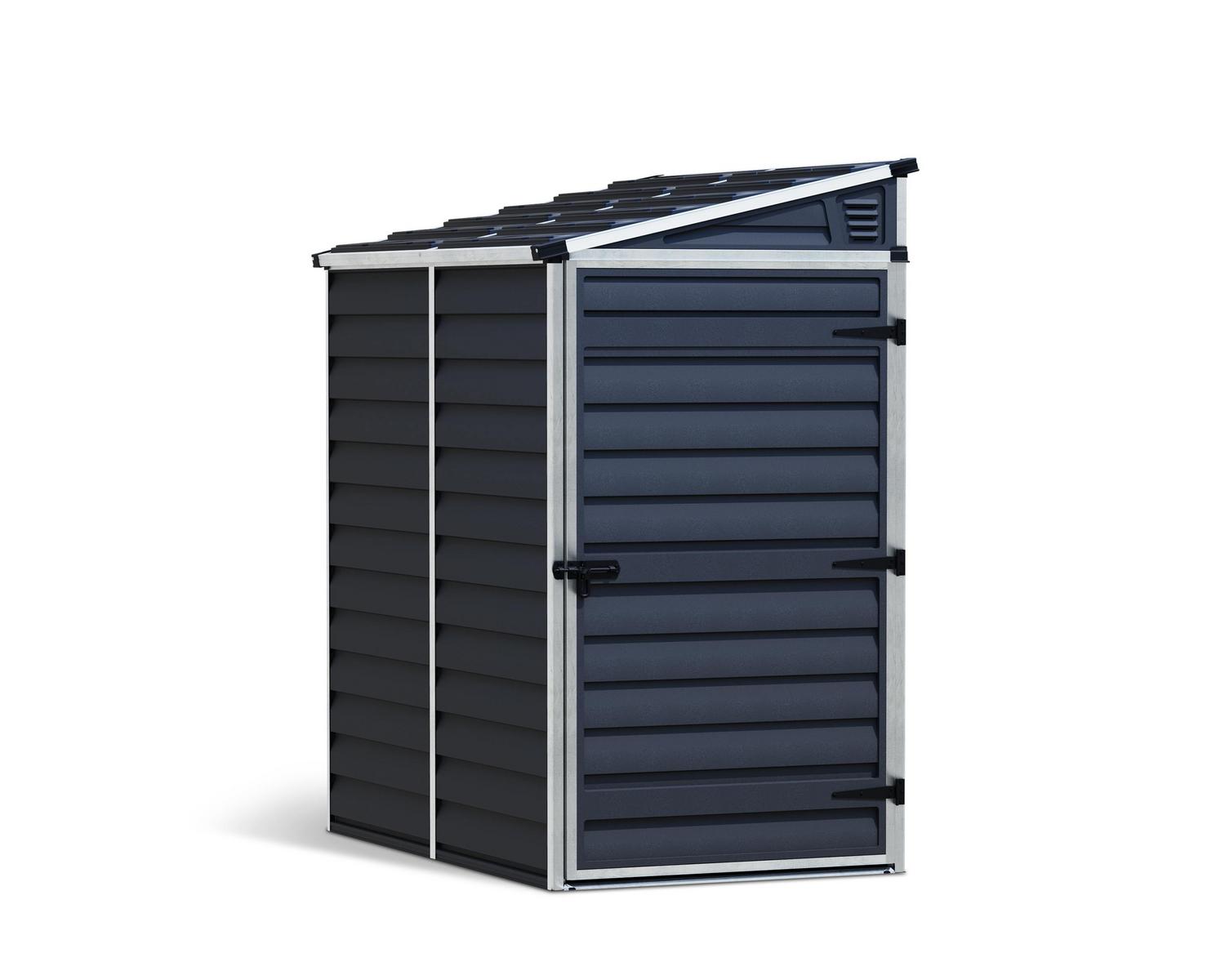 Midnight grey pent plastic storage shed, 4 ft x 6 ft, featuring a robust design and spacious storage area