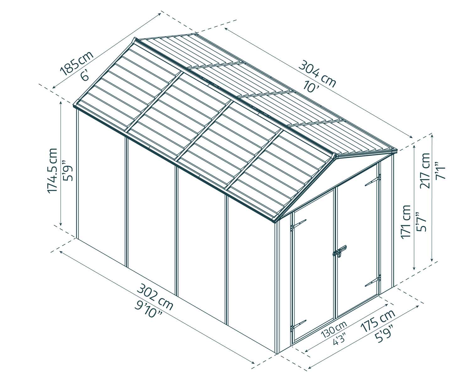 Rubicon 6' x 10' Plastic Garden Shed with Open Doors Dark Grey Polycarbonate Walls and Aluminium Frame sketch