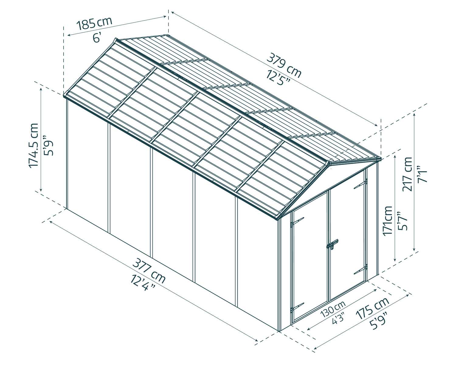 Rubicon 6' x 12' Plastic Garden Shed with Open Doors Dark Grey Polycarbonate Walls and Aluminium Frame sketch