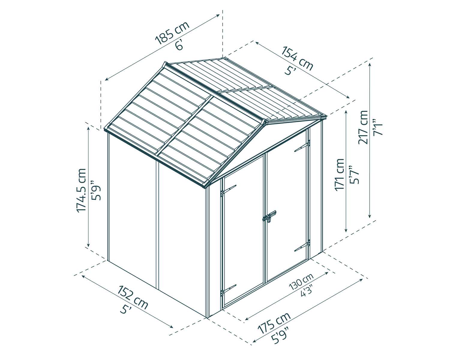 Dark grey Rubicon plastic storage shed, 6x5 ft, with double doors and a sloped roof, on grass surrounded by plants sketch