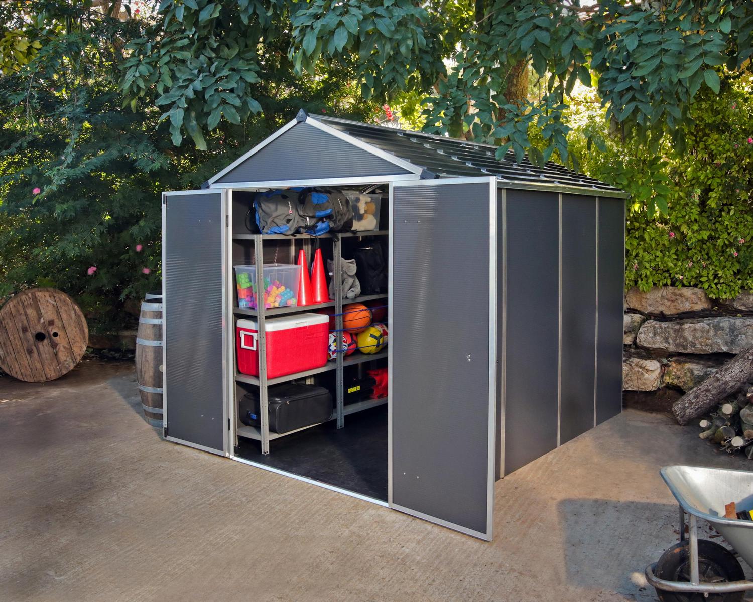 Rubicon 6&#039; x 10&#039; Plastic Garden Shed with Open Doors Dark Grey Polycarbonate Walls and Aluminium Frame