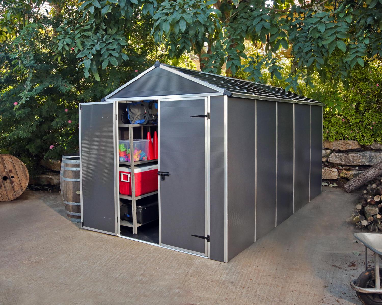 Rubicon 6&#039; x 12&#039; Plastic Garden Shed with Open Doors Dark Grey Polycarbonate Walls and Aluminium Frame