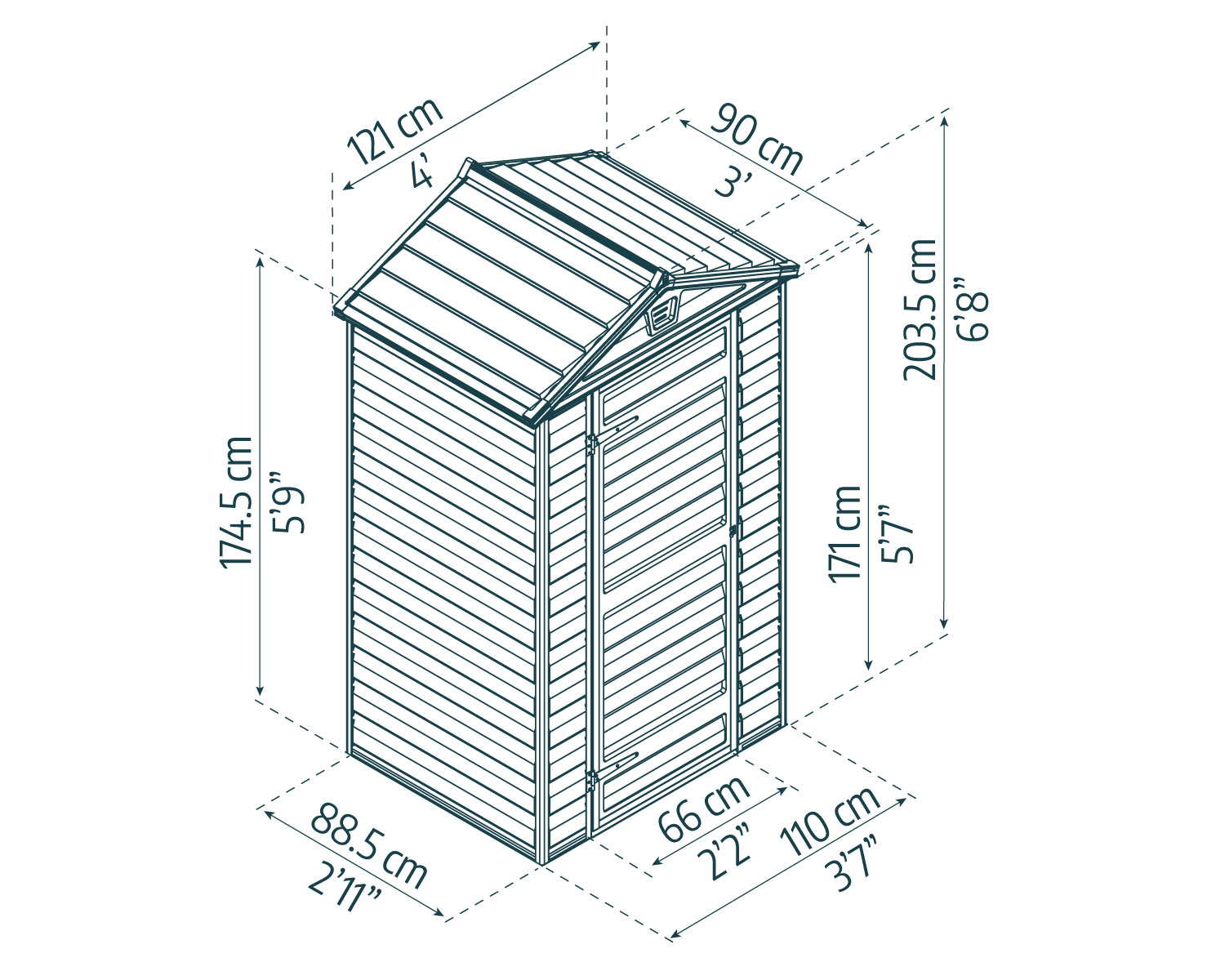 Grey SkyLight plastic shed, 4 ft x 3 ft, with a sloped roof and modern design, in a garden with plants sketch