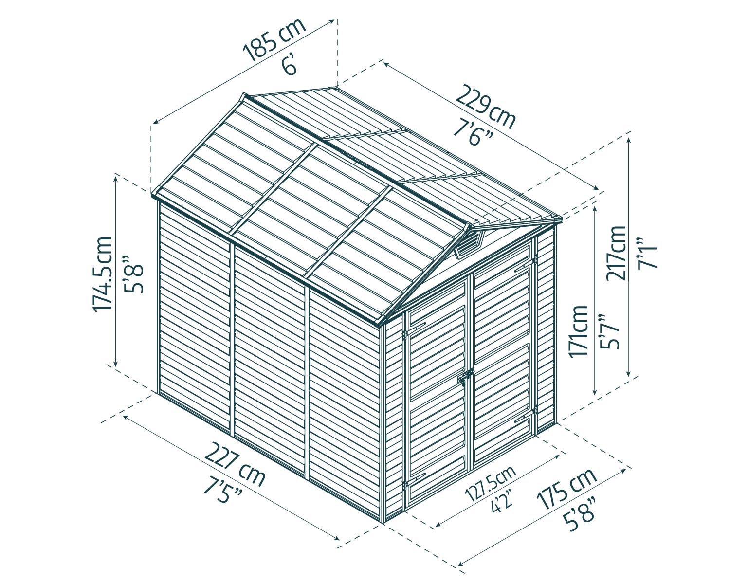 Skylight plastic storage shed, measuring 6 ft x 8 ft, featuring a modern design in an outdoor setting with greenery sketch