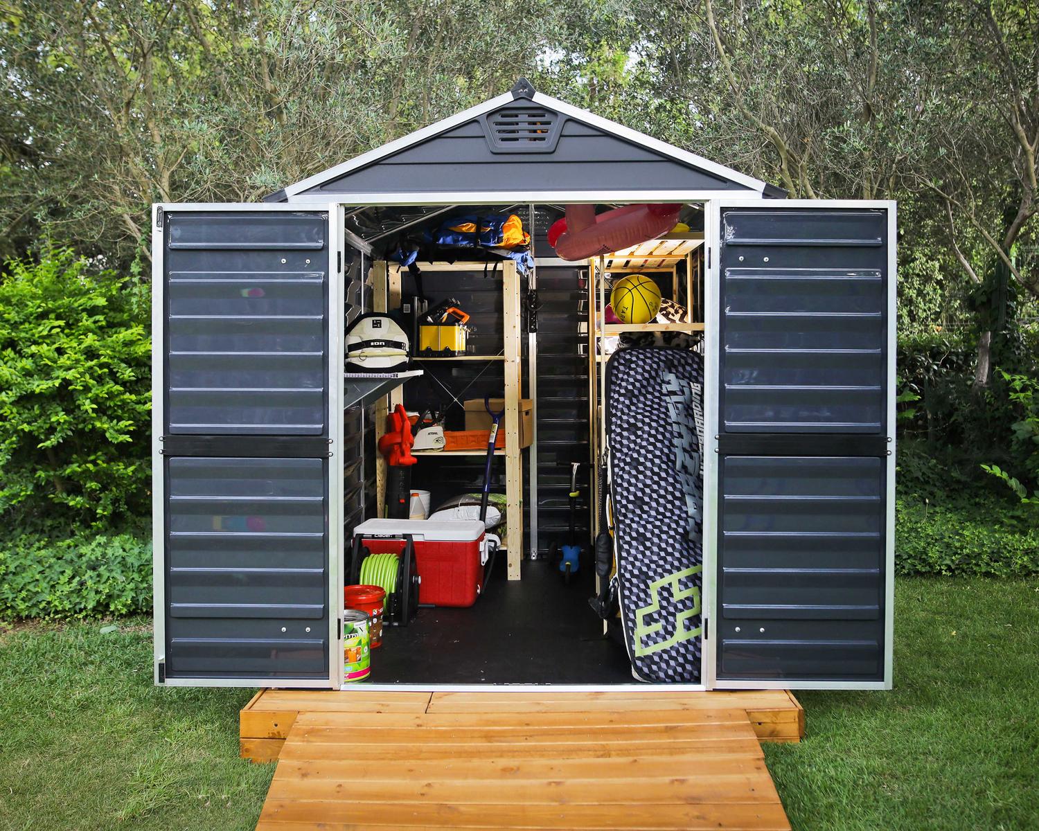 Skylight 6' x 8' Outdoor Plastic Shed with Open Doors Midnight Grey Polycarbonate Walls and Aluminium Frame